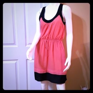 Pocketed sheer coral/navy lined summer dress
